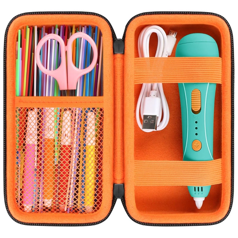 RAIALL حافظة صلبة لقلم 3Doodler 3D للأطفال، حقيبة تنظيم تخزين أقلام الطباعة ثلاثية الأبعاد، جيب شبكي يناسب الخيوط البلاستيكية والكابل، أسود+برتقالي (حافظة فقط) - Image 1
